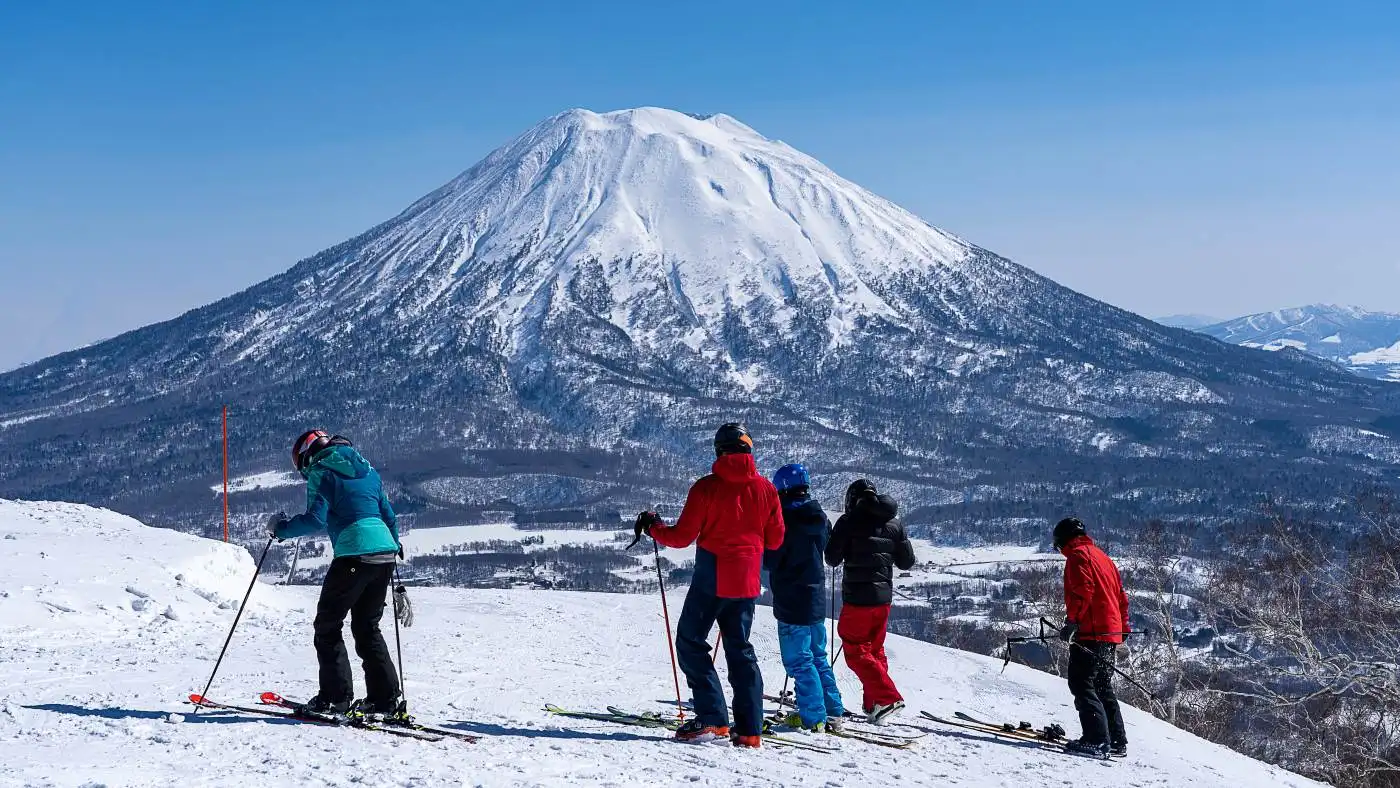 Skiing at Hokkaido with Mount Yotei in the background